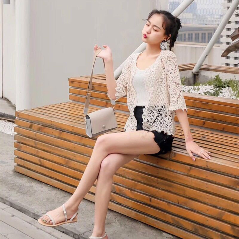 Women Knitted Lace Shrug Boho Hollow Crochet Floral 3/4 Sleeves Open Front Cropped Cardigan Mesh Sweater Coveup