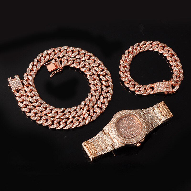 13 MILLIMETRI 3pz di Rosa Collana in Oro + Orologio + Del Braccialetto anca salto miami frenare Catena Cubana ghiacciato fuori Pavimentato strass CZ Bling per Gli Uomini Dei Monili: 3pezzi kit