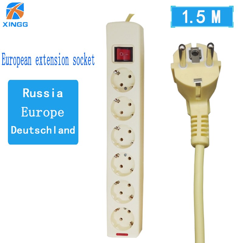 EU Europese Plug Power Strip Met Schakelaar AC Elektrische 4/5/6 Outlets Extension Socket Cord Kabel 1.5 M 16A 250 V: 6 outlets 1.5M