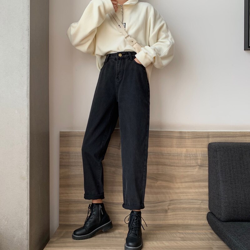 Jeans feminino preto em linha reta vintage lavado calças compridas rua wear all-match baggy outono moda ulzzang lazer adolescentes retro