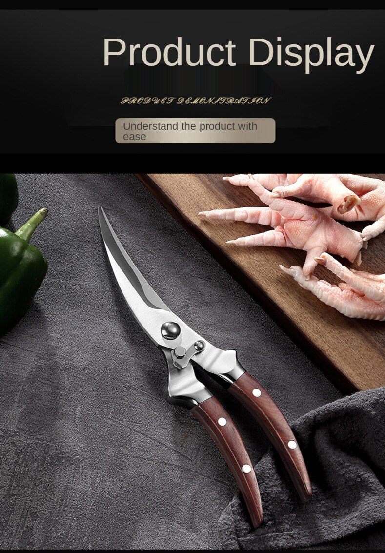 Wooden Handle Kitchen Knives Chef Knife Powerful Chicken Bone Scissors Duck Fish Cutter Stainless Steel Cleaver Knife Scissors