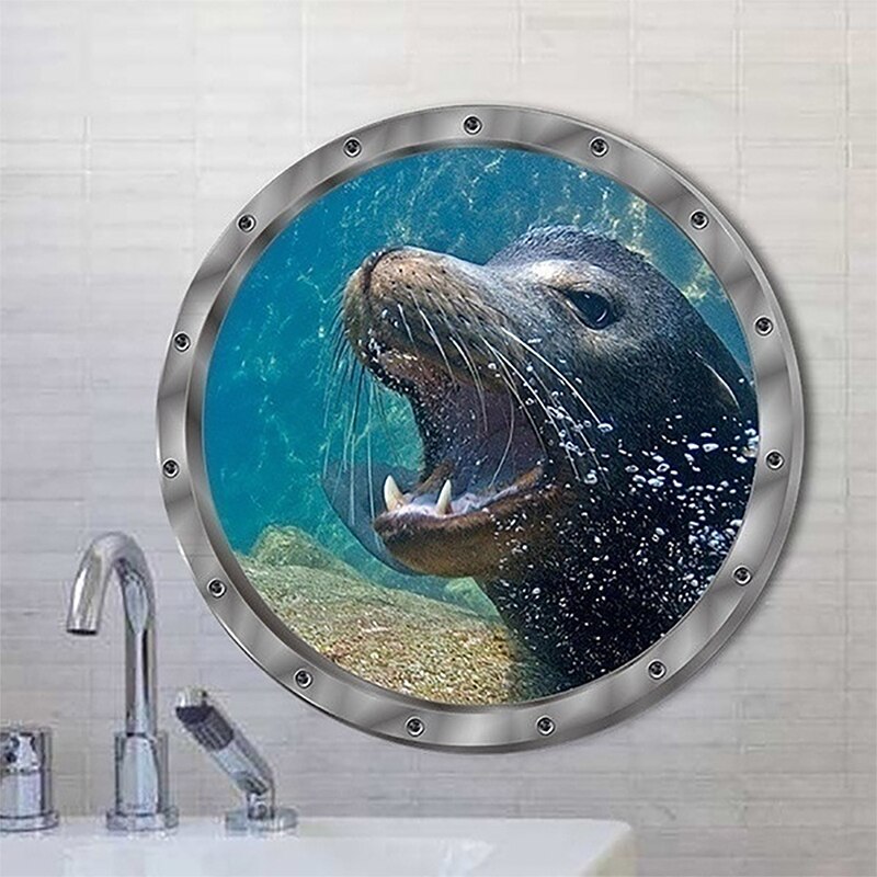 5 Styles Underwater Fish Wall Stickers Waterproof Dolphin Turtle Sticker For Washing Machine Decoration For Bathroom Decals PVC: Cute sea lion