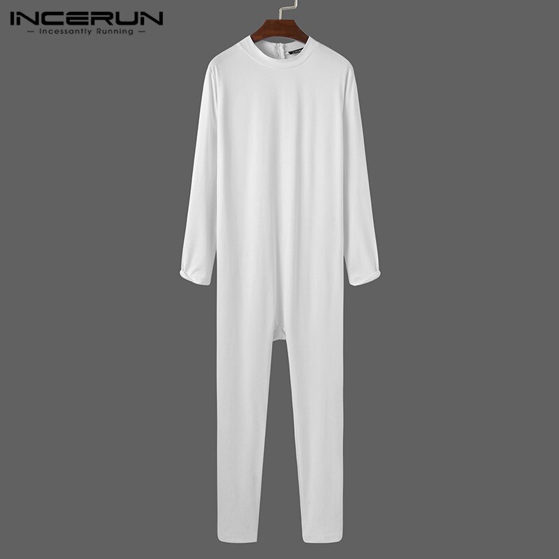 Incerun Mannen Jumpsuit Pyjama Lange Mouw O Hals Homewear Leisure Nachtkleding Soft Fitness Effen Kleur Mannen Rompertjes Nachtkleding S-5XL
