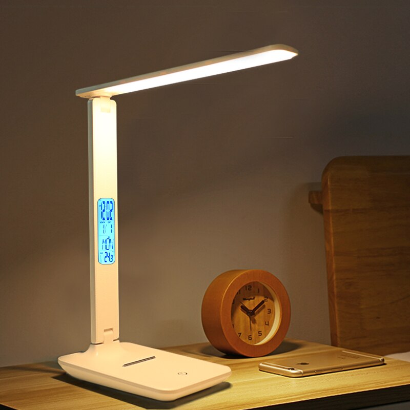 LAOPAO LED lampe de bureau de Table QI charge sans fil avec calendrier température réveil protection des yeux lampe de lecture lampe de table: white with  Calendar