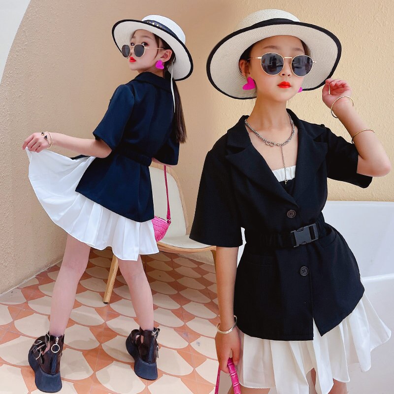 Ropa coreana para niñas, Chaqueta de traje de manga corta, Color blanco y negro, chaquetas de para adolescentes, abrigos con cinturón de 5, 6, 8, 10 y 12 años