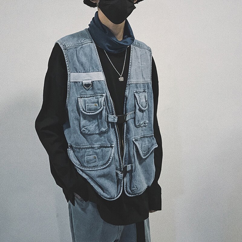 EFUNGAL Denim Jean Vest Men Multiple Pockets Hip Hop Vests Zipper Streetwear Skateboard Sleeveless Winter Casual Jackets Coats