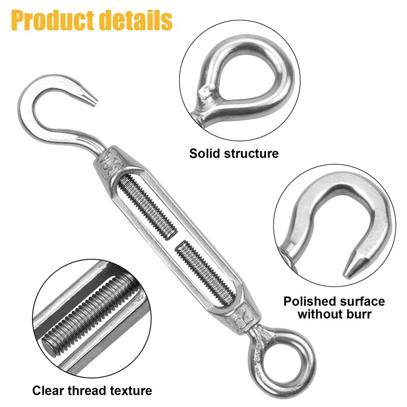 6 Pcs Turnbuckle Wire Tensioner M4 Adjustable Turnbuckle Stainless Steel Hook Eye Rope Cable Tension For Garden