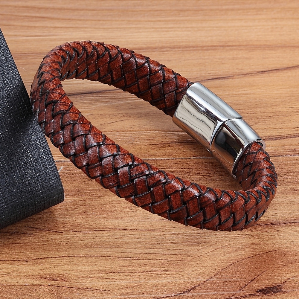 Punk Bracelets Charm Men Bracelets Braided Leather Stainless Steel Magnetic Clasp Rope Women Jewelry Man Wrist Band