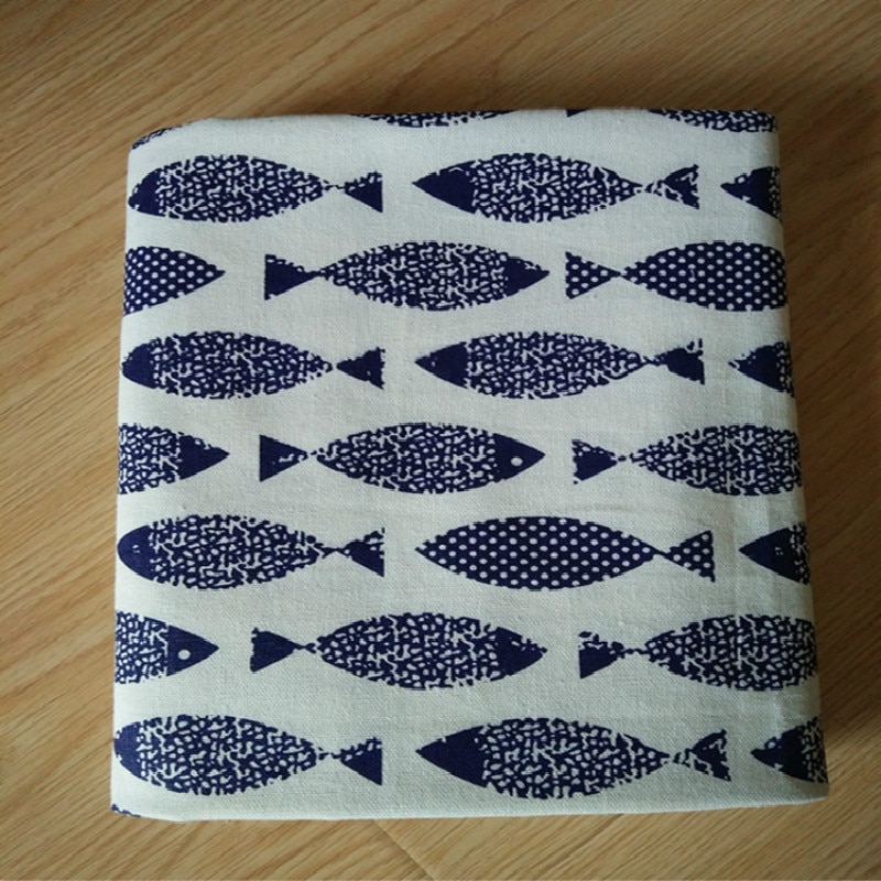 Blue white porcelain fish printed linen linen fabric pillow tablecloth canvas fabric handmade DIY crafts cotton and linen fabric