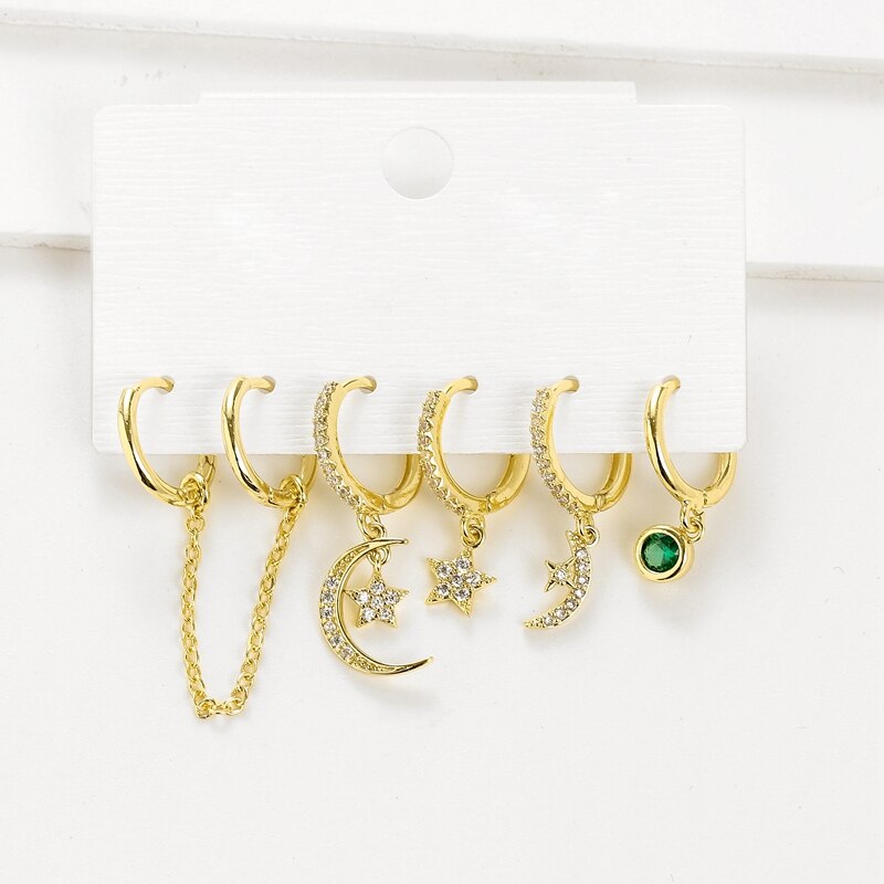 Juego de pendientes de aro de circonio cúbico a la para mujer, conjunto de pendientes de luna y estrella, joyería de boda , 6 uds.