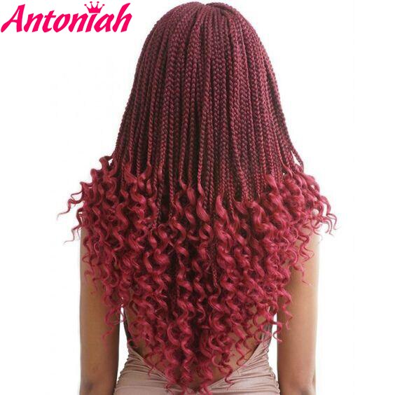ANTONIAH 18 Inch Box Braids With Curly Ends Synthetic Hair 22strands/pack Crochet Hair Extensions Burgundy Colors For Women