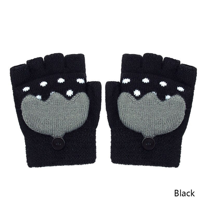 Hermosos guantes de invierno para bebés REAKIDS, guantes de algodón con solapa y dibujos animados bonitos para niños, guantes cálidos tejidos con solapa, guantes para chicos y niñas, mitones: Black