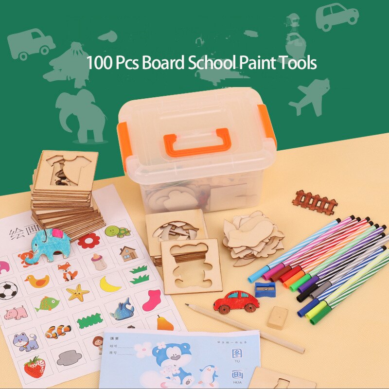 100Pcs Baby Tekening Speelgoed Houten Schilderen Templates Tekentafel Kids Verf Tekening Gereedschap Set Voor Kinderen Educatief Speelgoed