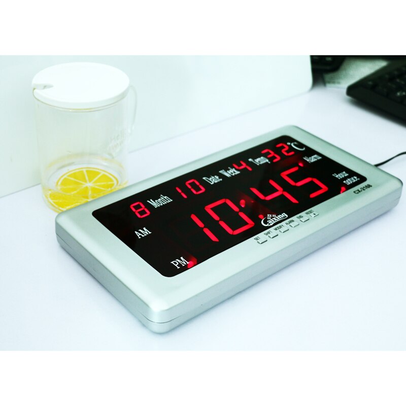 Large LED Digital Wall Clock with Calendar Temperature Date and Week Display Kickout Stand for Desk Big Bright Red Digits