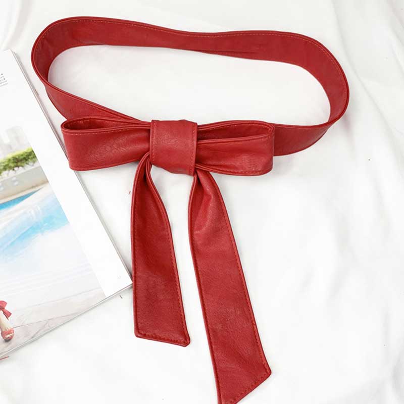 Cinturón Vintage de cuero suave para mujer, cinturón de cuero PU con lazo para envolver alrededor de la cintura, elástico, Color sólido: Rojo