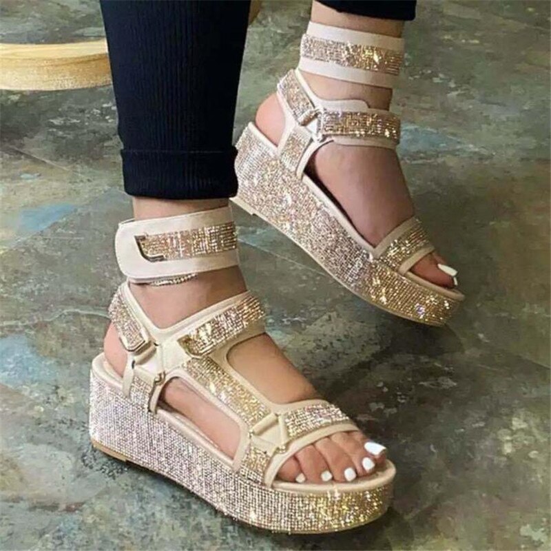 Høj-top rhinsten damesandaler sommer grænseoverskridende platform kiler sandaler pailletter rhinsten kantet mujer