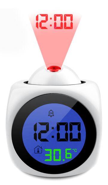 Digital LED Time Projector Wake Up Clock Glow in the Dark Toy Weather Station Temperature Thermometer Voice Report Calendar: White