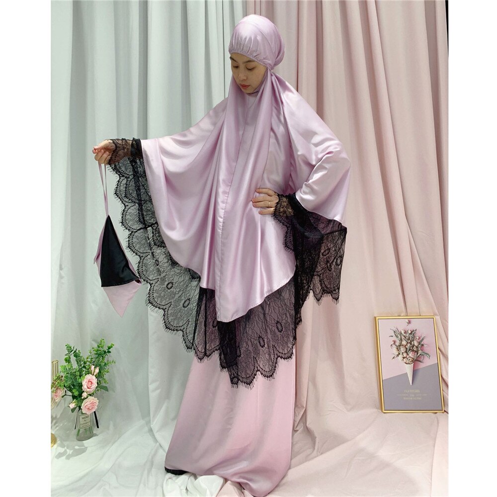 Ramadan kvinnor 2 delar muslimsk bönset khimar abaya overhead hijab+kjol heltäckande islam kläder mellanöstern gudstjänst: 036 03 lila