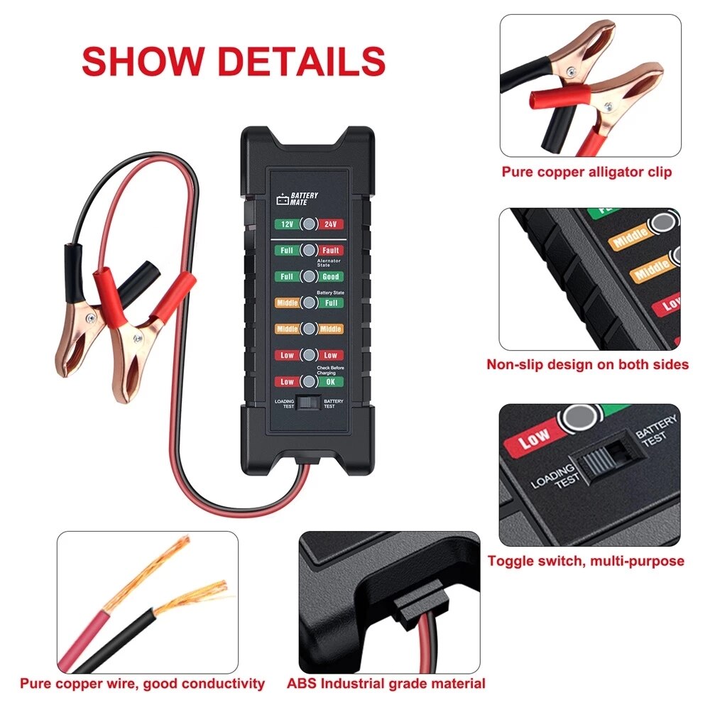 12V 24V Car Battery Tester Quick Cranking Digital Tester Alternator 7 LED Display Auto Alternator State Diagnostic Tools
