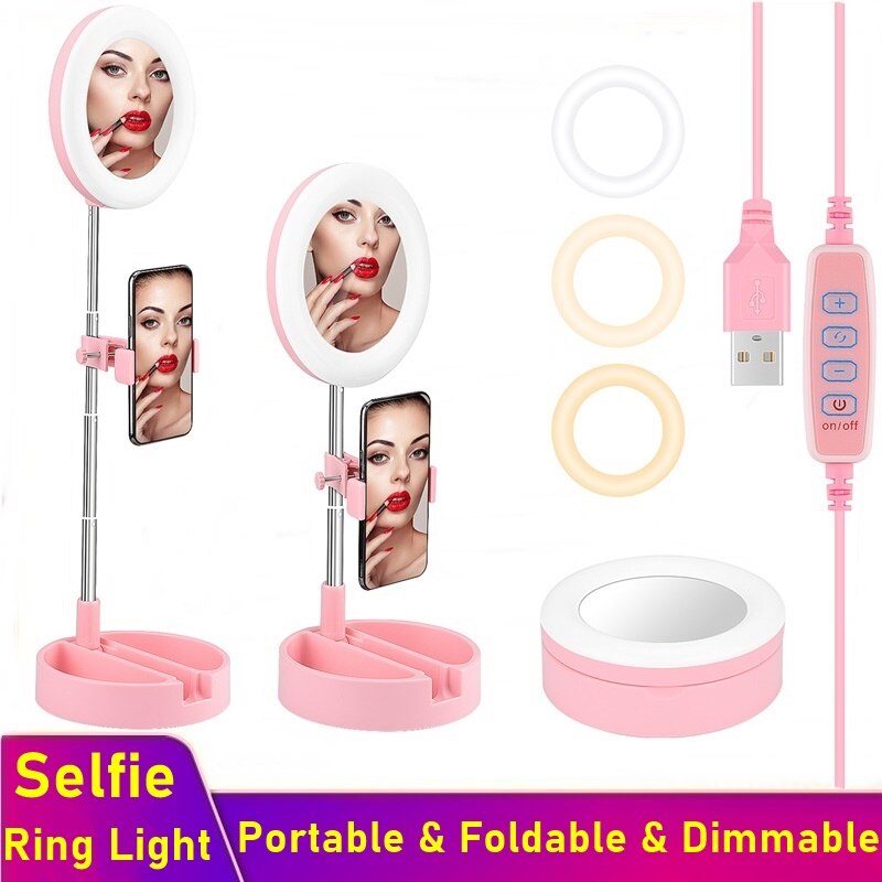 Anillo de luz LED Universal para selfis, trípode plegable para teléfono y cámara, 6 pulgadas, regulable, para maquillaje y vídeo en vivo