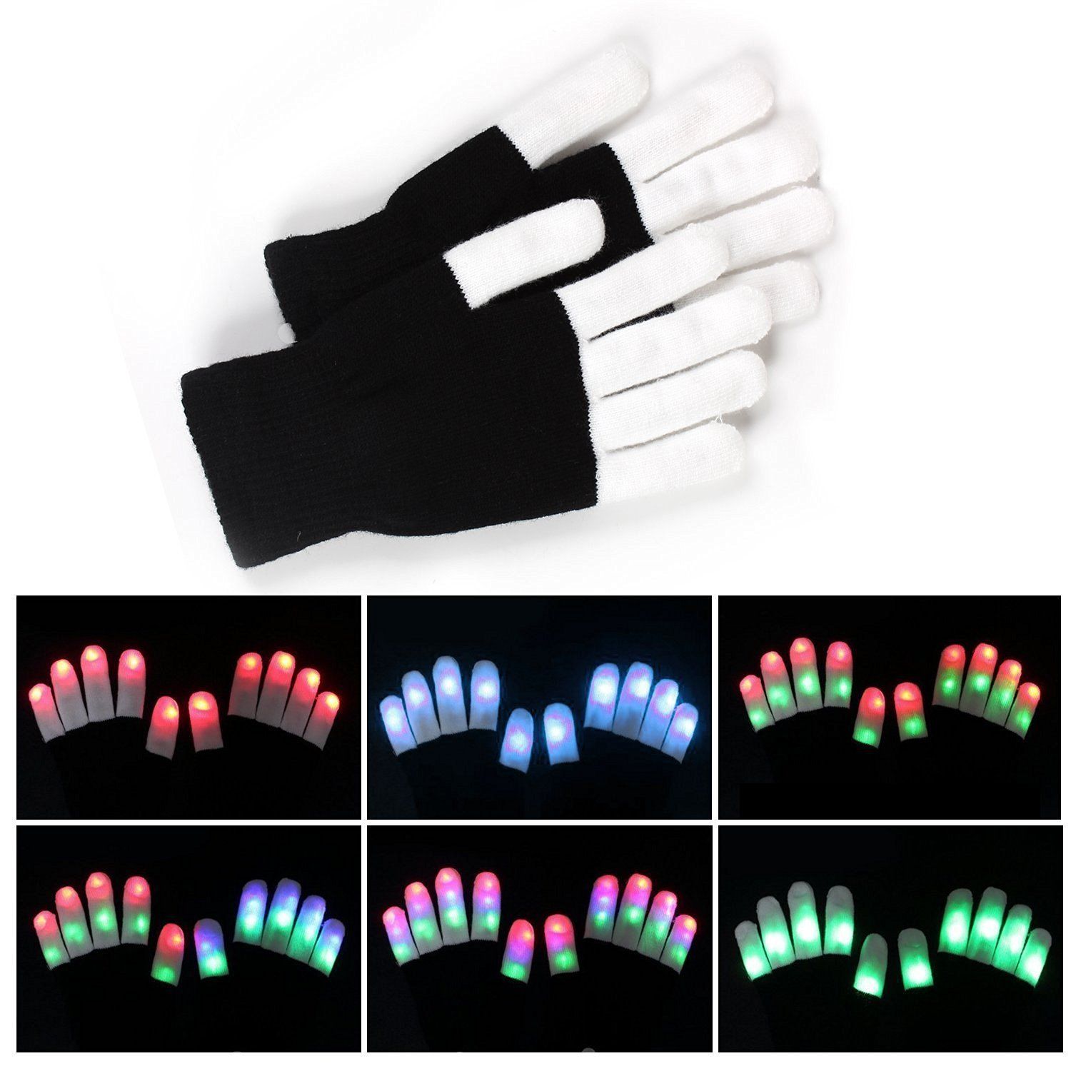 7 Mode Light LED Toys Rave Flashing Glove Glow Finger Tip Lighting Pair Black VD Luminous Gloves