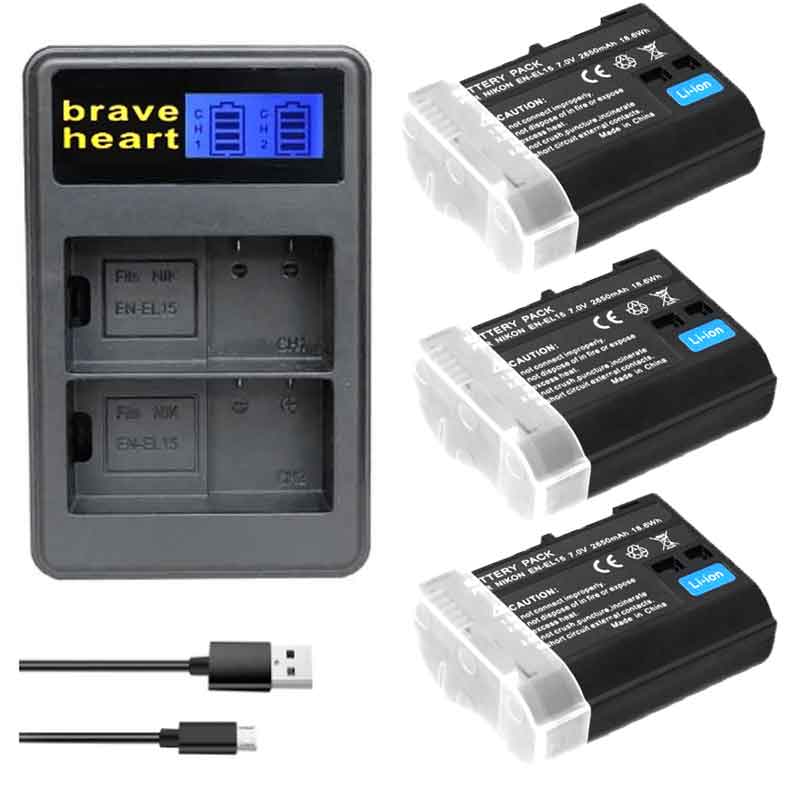 2650mAh EN-EL15C EL15C EN EL15A EN EL15 Batterie pour Nikon Z5, Z6, Z6 II, Z7, Z7II D780, D850, D7500, D500, D600: charger and 3battery