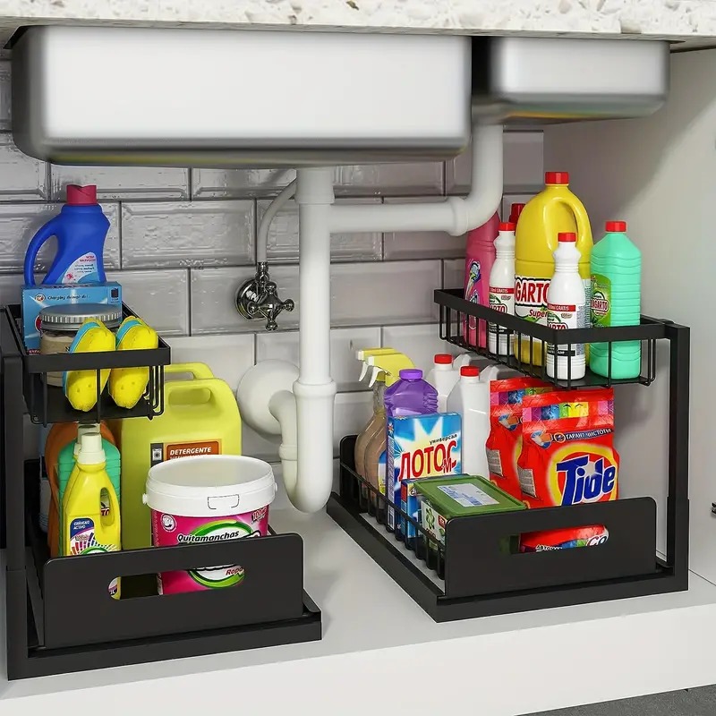Organizadores y almacenamiento debajo del fregadero de 2 niveles con cajón deslizante, estante de baño multiusos, organizador para almacenamiento de cocina y baño: Caqui oscuro