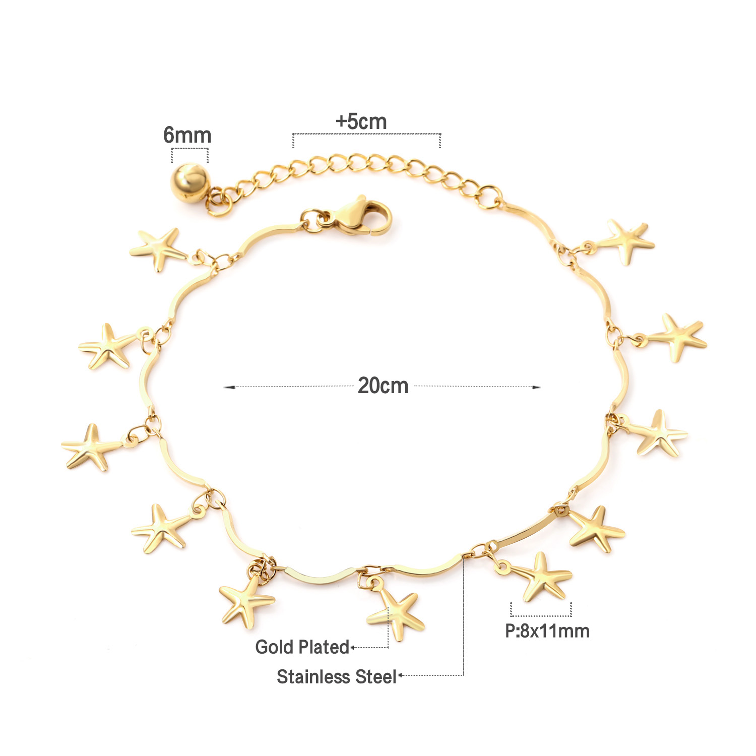 Simple Gold Color Stainless Steel Anklets Bracelets Women Tassel Starfish Leg Chain Heart Tag Foot Jewelry Summer Accessories: Gold-color