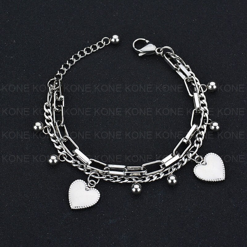Uzone Rvs Dubbele Laag Kralen Hart Armbanden & Bangles Charm Link Armbanden Voor Vrouwen Liefde Gouden Ketting Sieraden