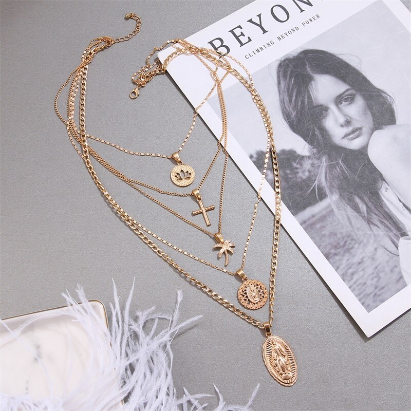 Bohemian Multi-layer Pendant Necklace for Women Vintage Coco Cross Lotus Virgin Mary Collar Choker Bead Chain Jewelry