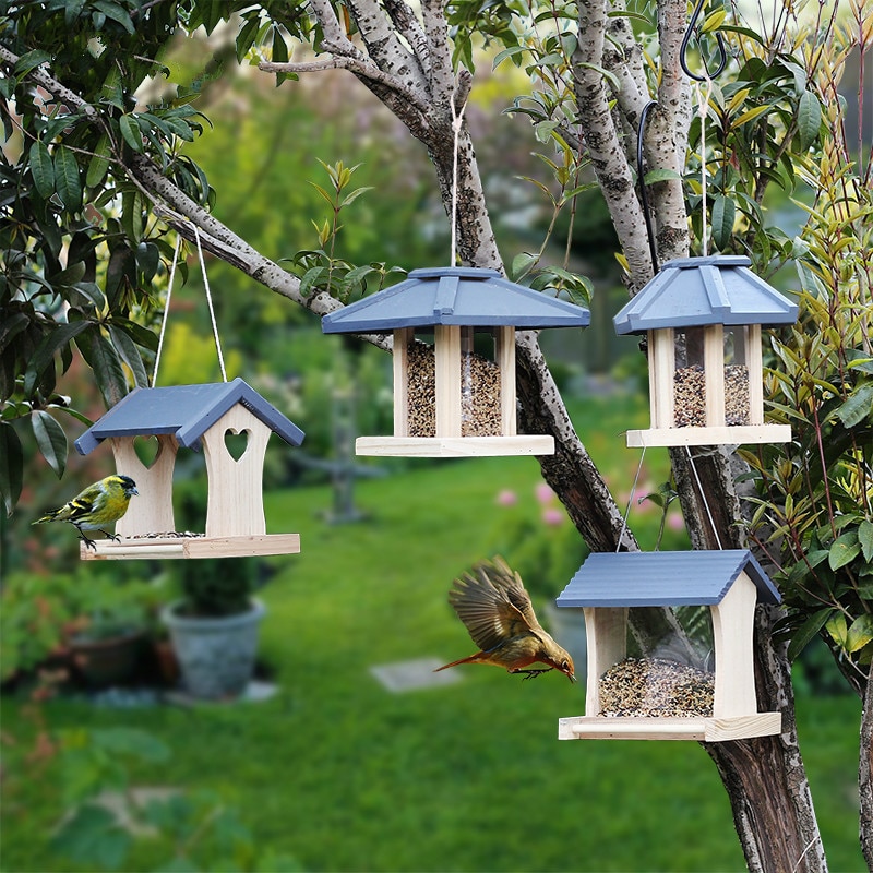 Voederhuisje van hout, hangend, vogelvoerbakje, regenbestendig, balkon, villa, huistype, vogelvoerdoos, tuindecoratie  mx10111141