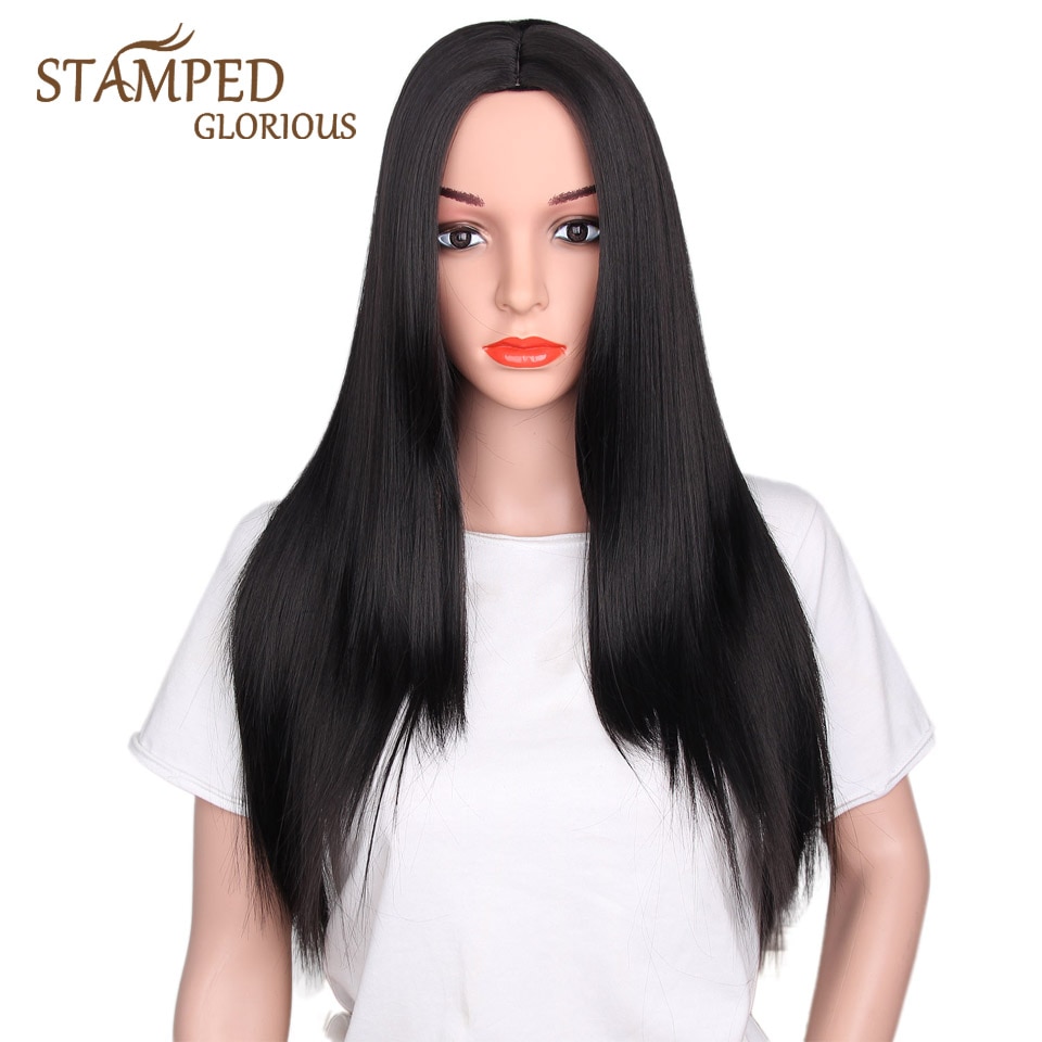 Stamped Glorious 26inches Synthetic Wig Straight Long Black Wig MiddlePart Heat Resistant Fiber Hair Wigs for women