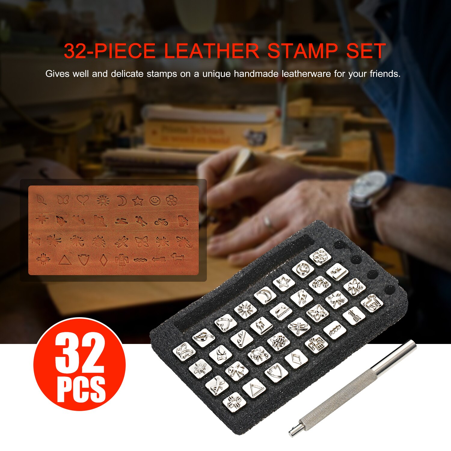 32Pcs Leather Stamp Set Indian Lore Leathercraft Stamping Tools Set 1cm Wide Leather Stamping Kit with Handle for Leatherwork