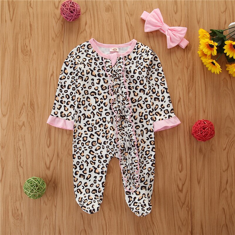 Baby Kleidung einstellen drucken Postleitzahl hoch wickeln Füße Gesamt Headwear Zwei-stück Outfits Jungen Mädchen Leopard Footies