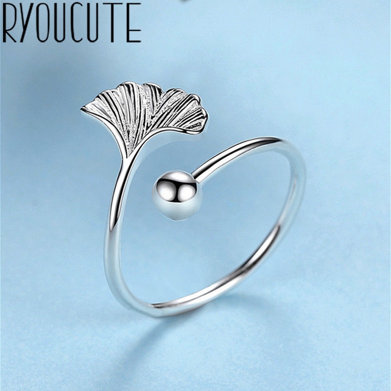 Echte Zilveren Kleur Ginkgo Biloba Leaf Ringen Voor Vrouwen Grote Antieke Ringen Vinger Sieraden