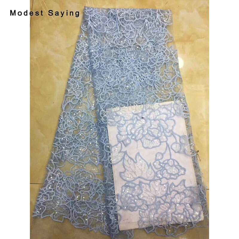 2 Yards Khaki Sequined Flowers Lace Fabrics for Evening Dress Embroidered Mesh Party Prom Net Lace Material: Blue