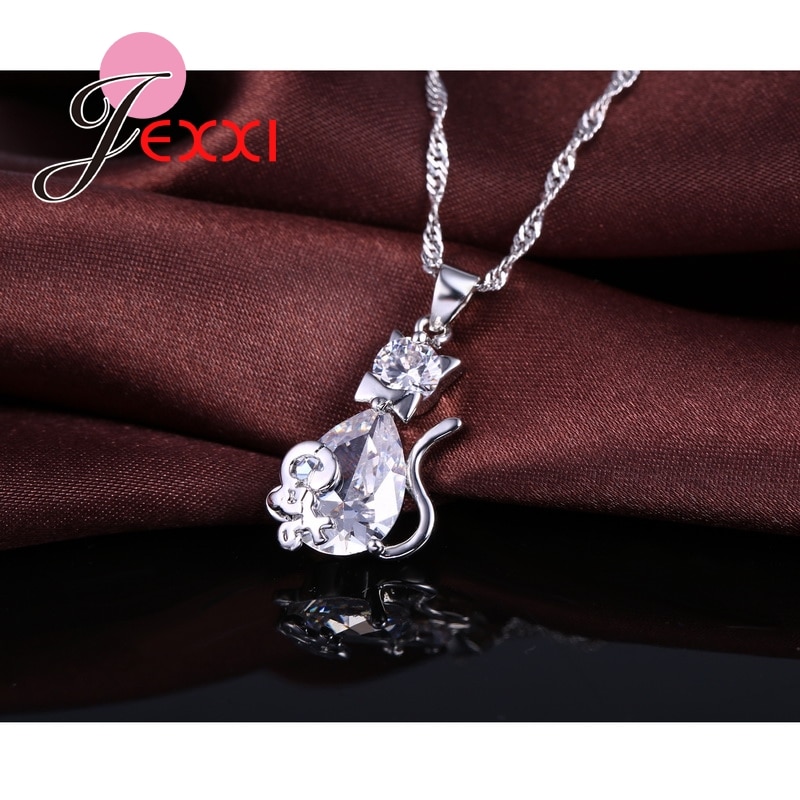 925 Sterling Silver Sweet Cat Shape Women Necklace Earrings Jewelry Set With Crystal Nice Party Wedding