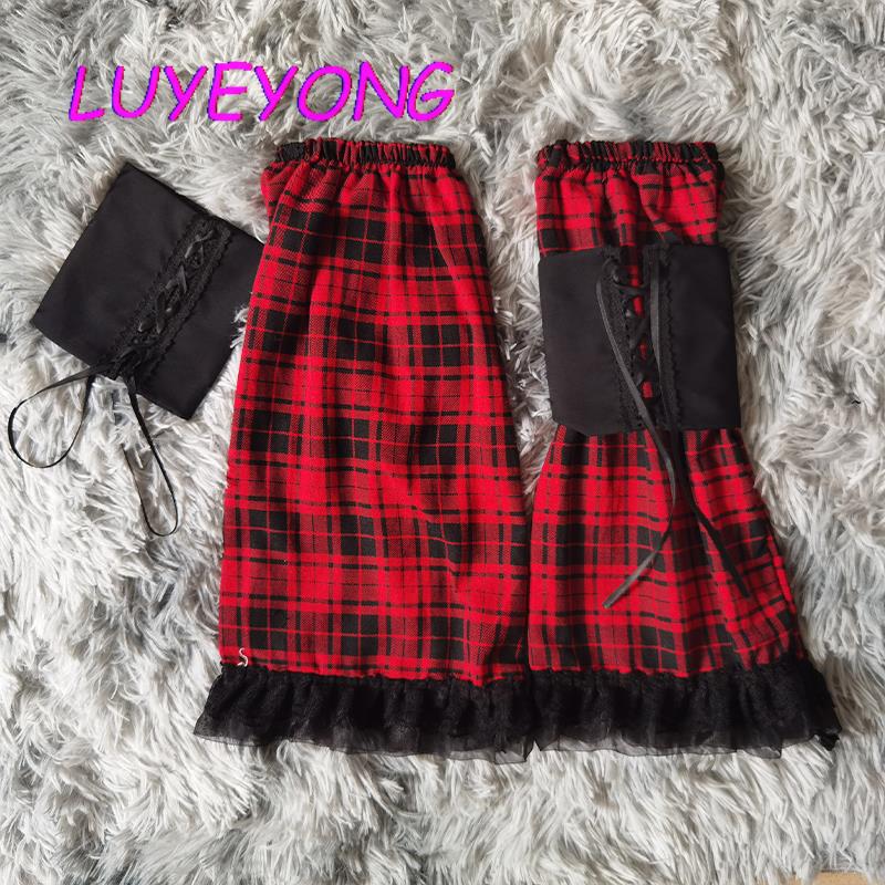 Lolita-calcetines largos Harajuku para mujer, medias de coreana Y2k, calentador de piernas para chica a cuadros, Jk, de encaje negro