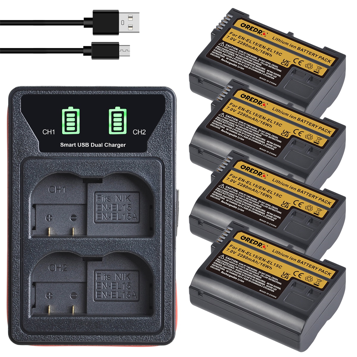 4x EN-EL15 EN-EL15C EN EL15 EL15C Battery + Charger with Type-C Port and Built-in Cable for Nikon Z6, Z7, D500, D600, D610, D750
