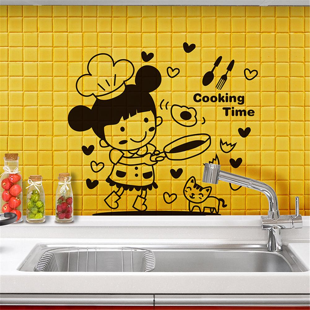 Cartoon Cat Girl Chef Cooking Time Wall Sticker Restaurant Bar Kitchen Dining Room Fridge Light Switch Decal DIY Art Home Decor