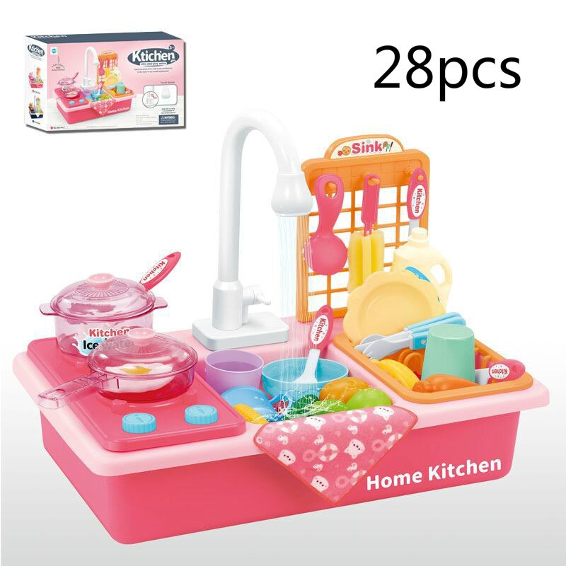 Pretend Play Kitchen Toys with Electric Water Wash Basin Kit for Children Kids Plastic Simulation Electric Dishwasher Sink: 28pcs Red