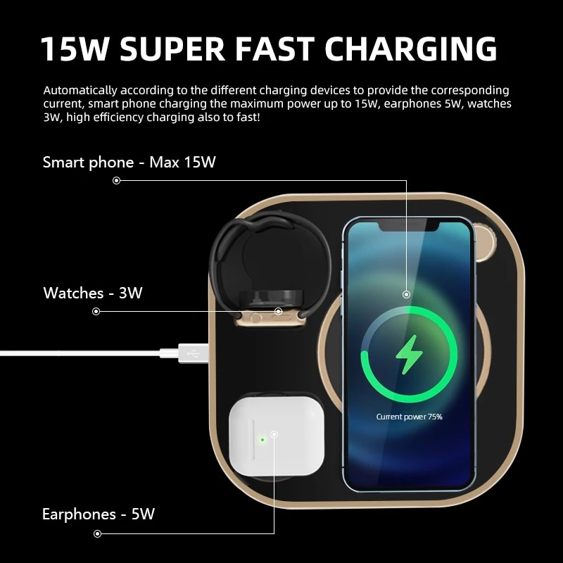Lámpara de escritorio LED de 15W, cargador inalámbrico para iPhone 13, Samsung, base de carga inalámbrica rápida para Apple Watch, Airpods, estación de carga,