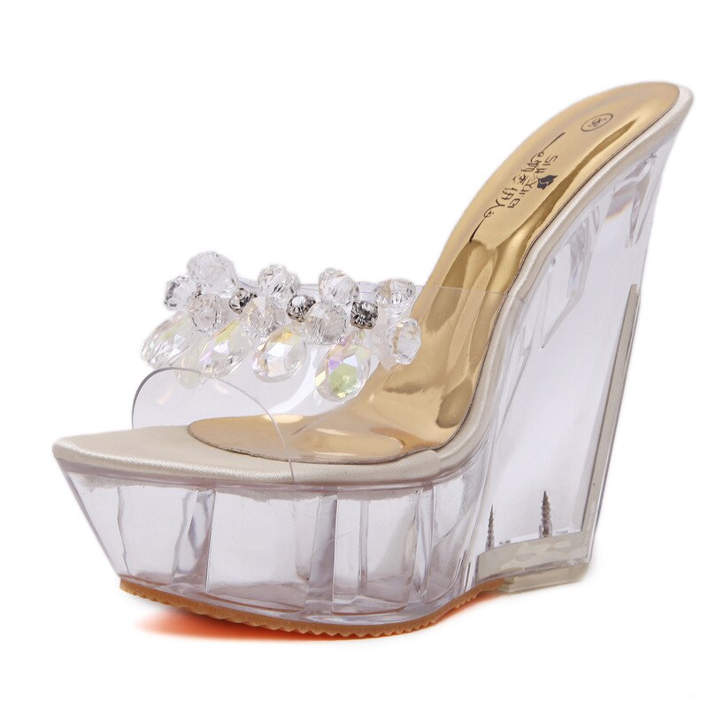 Femmes Transparent Transparent haute plate-forme compensée pantoufles strass diamant Mules cristal chaussures Bling 14CM B67