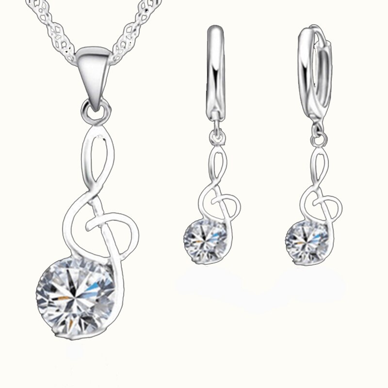 Muzieknoten Sieraden Sets Echte 925 Sterling Zilveren Zirconia Symbolen Shape Hanger Kettingen Oorbellen Sets