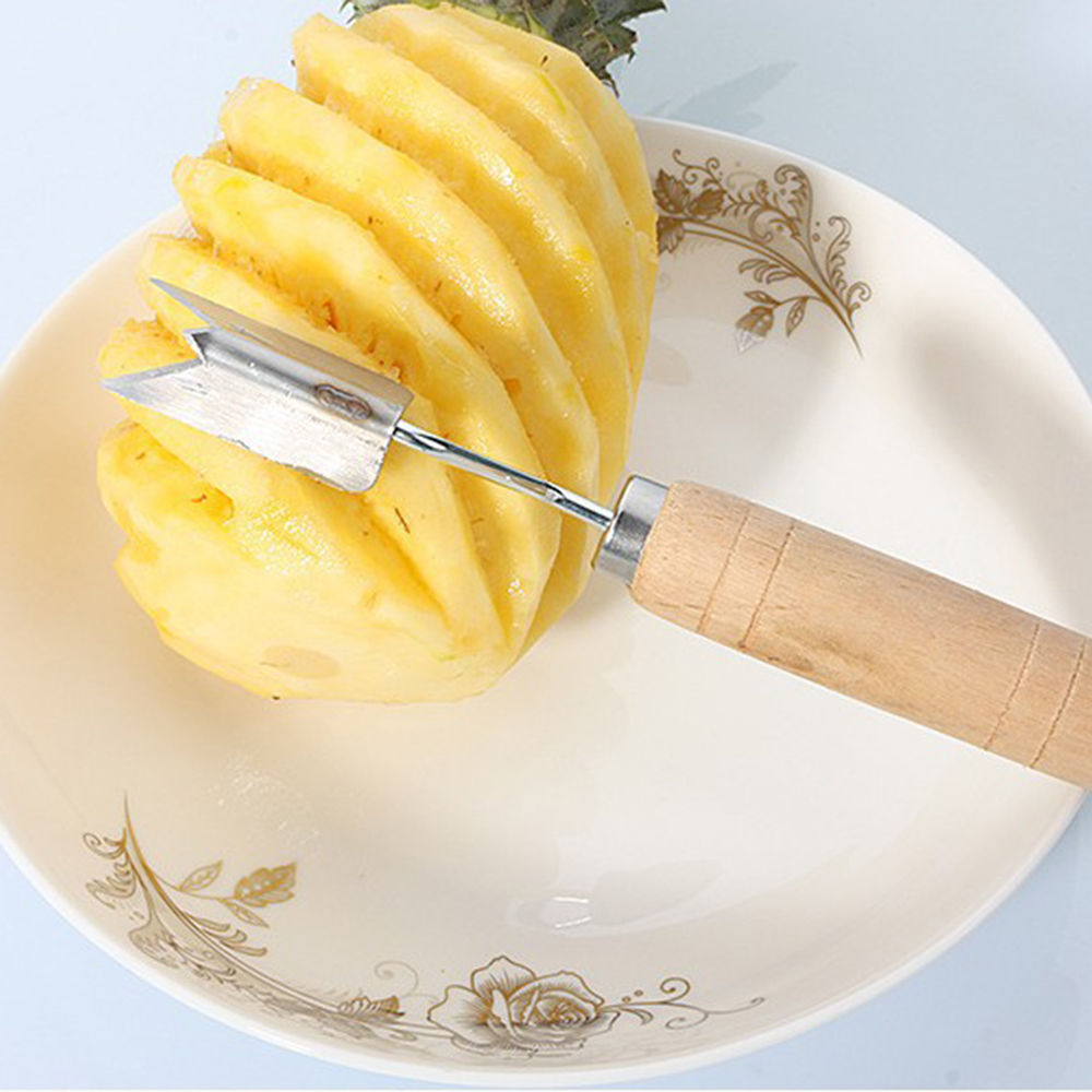 Træ anti-skrid håndtag 2 klinger ananas frugtskræller skærer sølv tone 1 stk