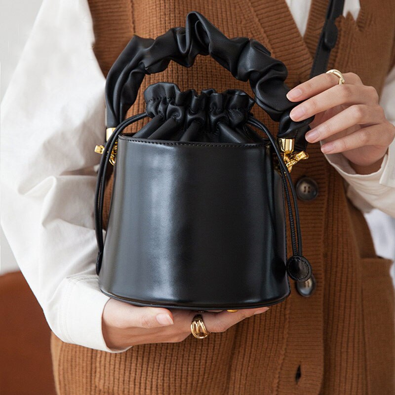 Solid Color PU Leather Women Drawstring Bucket Bags Ladies Small Shoulder Crossbody Bag Female Mini Handbag Purse