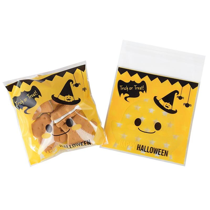 50 kpl 10*10cm onnellista halloween-pussia keksi-karkkipussi muovipakkauspussit kekseille välipala halloween-juhlien sisustustarvikkeet: B03