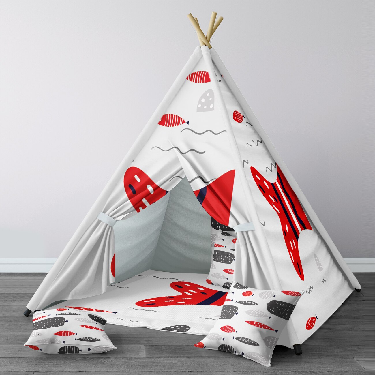Spielzelt für kinder, wigwam, tragbares indoor-spielzelt für kinderzimmer, graues rotes fischmodell 1407