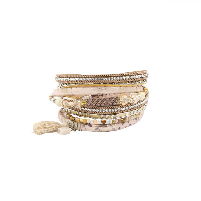 STRATHSPEY PU Leather Bracelets&Bangle For Women Pulseira De Couro Feminine Long Crystal Conch Bead Magnetic Wrap Pulseras Mujer: beige