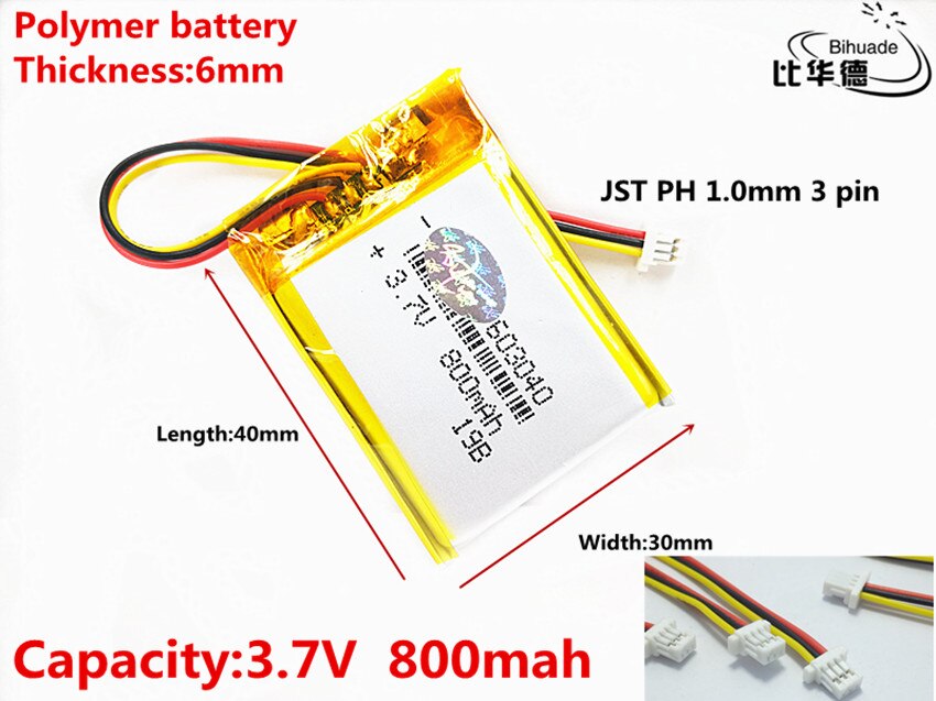 JST PH 1,0mm 3 pin 3,7 V,800mAH 603040 polímero de iones de litio/Li-ion batería para tablet pc Banco, GPS,mp3,mp4